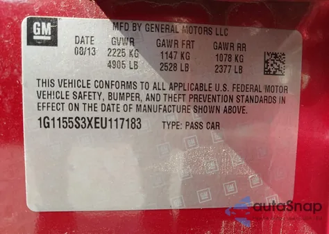 2014 Chevrolet Impala 2Lz из США, поврежденный, VIN 1G1155S3XEU117183